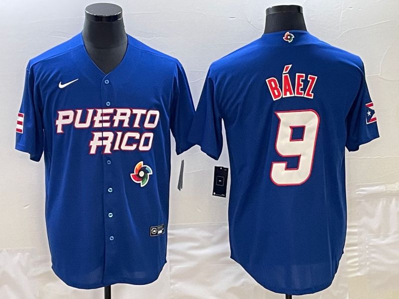 Men 2023 World Cub Puerto Rico #9 Baez Blue Nike MLB Jersey1->->MLB Jersey